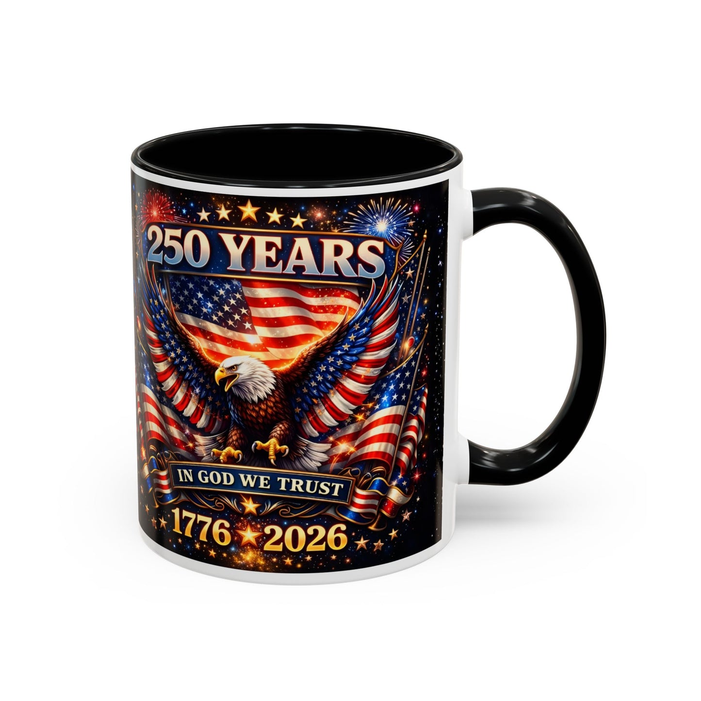 250 Years Patriotic Coffee Mug — In God We Trust 1776–2026