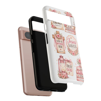 Christian Phone Case — Jesus Saves Floral Tough Case with 'God Is Within Her' & 'Trust God' Design