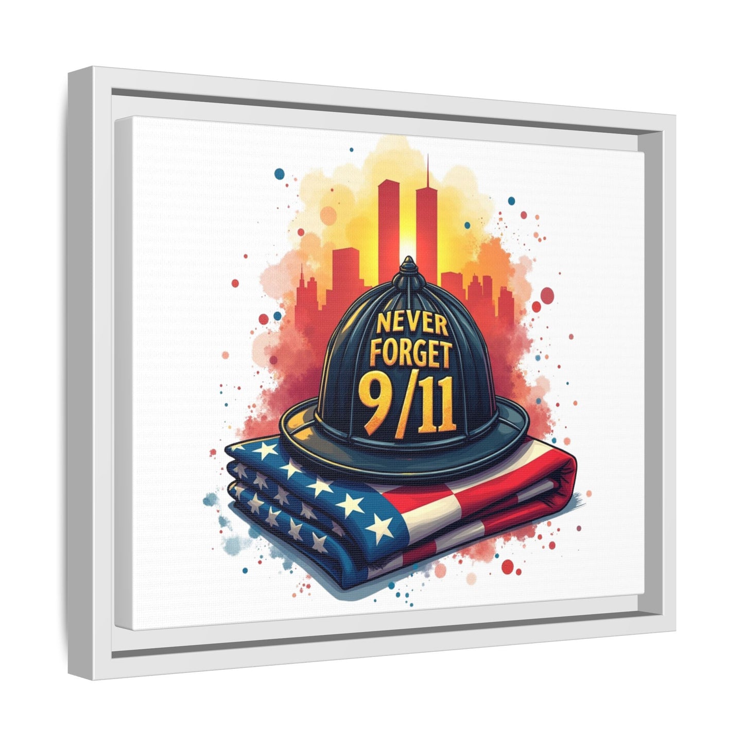Never Forget 9/11 Framed Canvas Print — Firefighter Helmet & American Flag Memorial Art