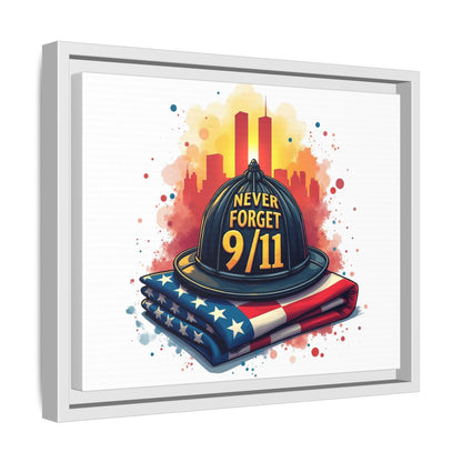 Never Forget 9/11 Framed Canvas Print — Firefighter Helmet & American Flag Memorial Art