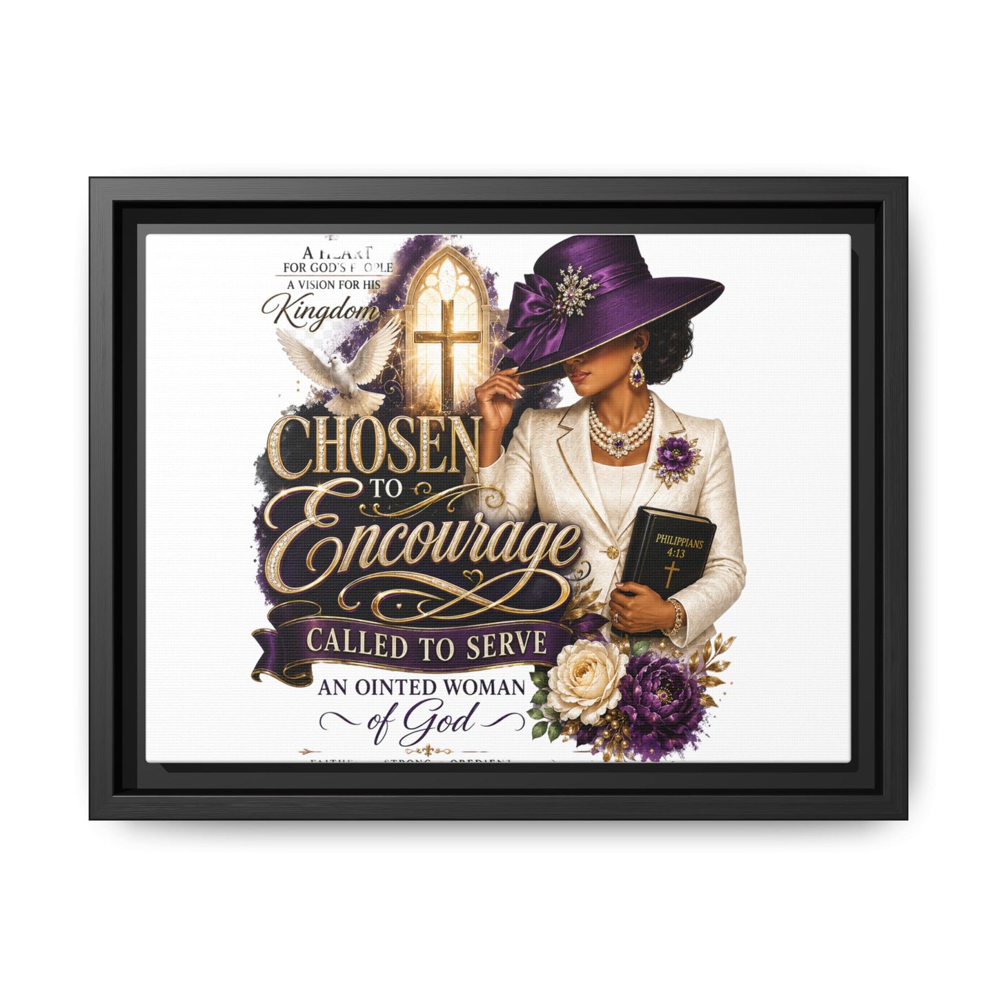 Chosen to Encourage — Framed Faith Canvas Wall Art (Called to Serve, Anointed Woman of God)