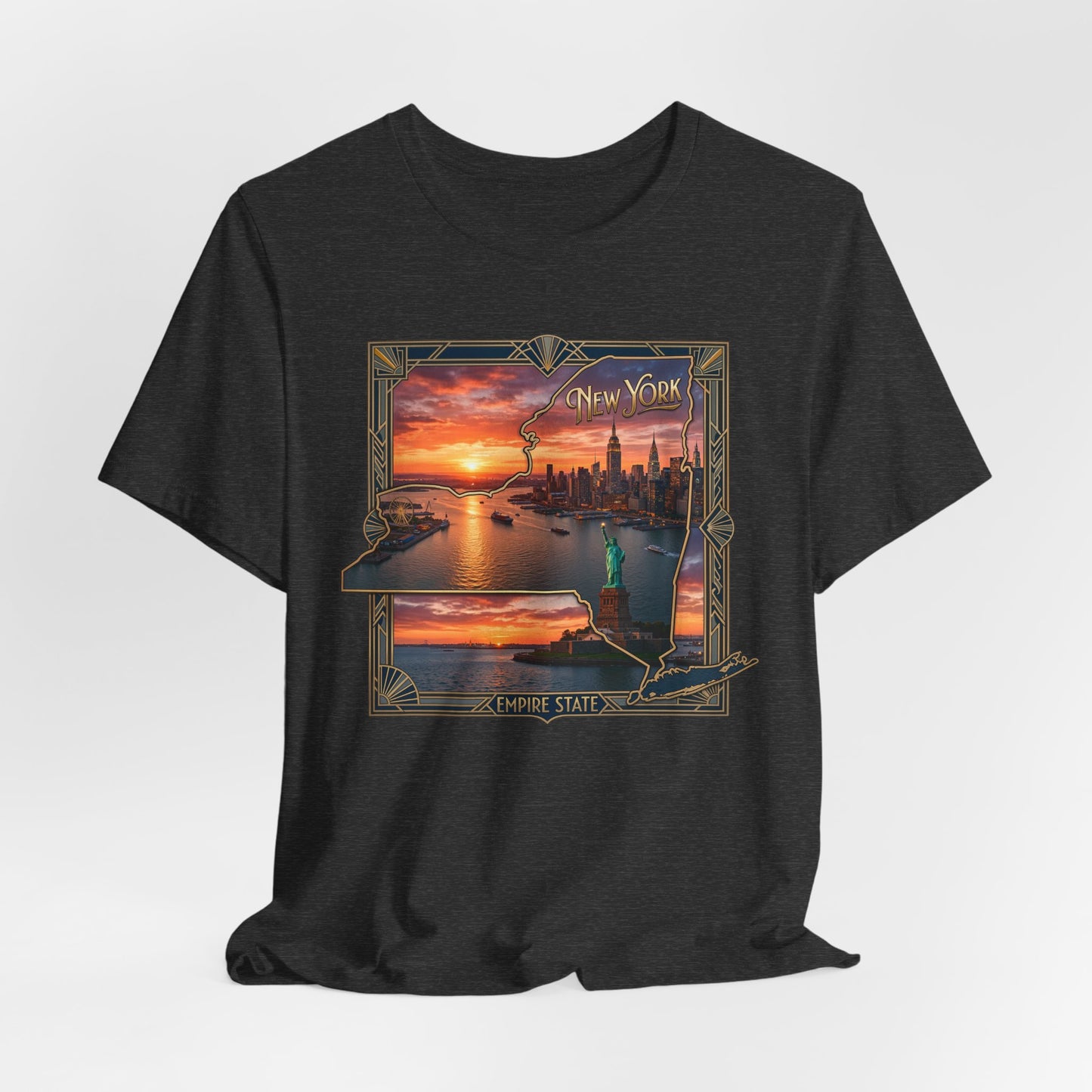 New York Sunset Skyline Tee — Statue of Liberty Vintage Travel T‑Shirt