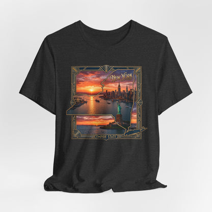 New York Sunset Skyline Tee — Statue of Liberty Vintage Travel T‑Shirt