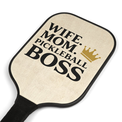 Pickleball Paddle Set — "Wife. Mom. Pickleball Boss" Wooden Paddle & Balls Kit