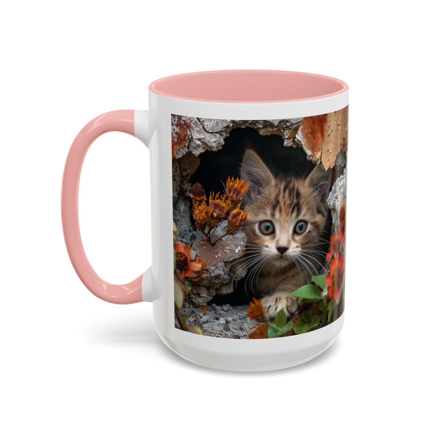Cute Kitten Peek Accent Coffee Mug — Tabby Cat Floral 11/15oz