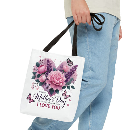 Mother's Day Floral Tote Bag - "Happy Mother's Day I Love You" Heart Bouquet