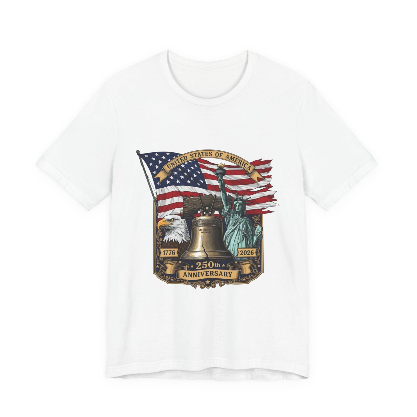 Liberty 250th Anniversary T-Shirt — American Flag, Liberty Bell & Statue of Liberty Tee