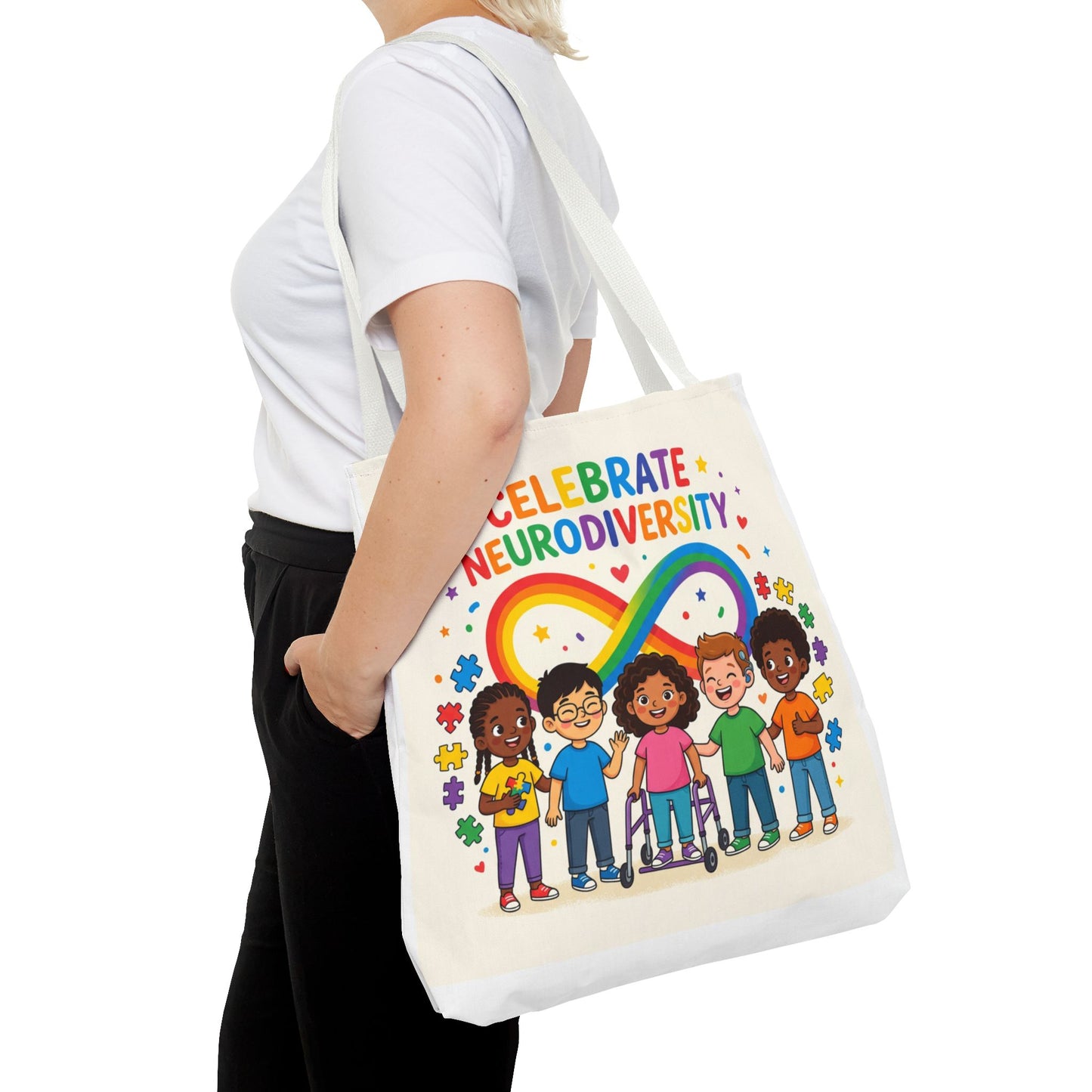Celebrate Neurodiversity Tote Bag — Rainbow Infinity Symbol with Diverse Kids