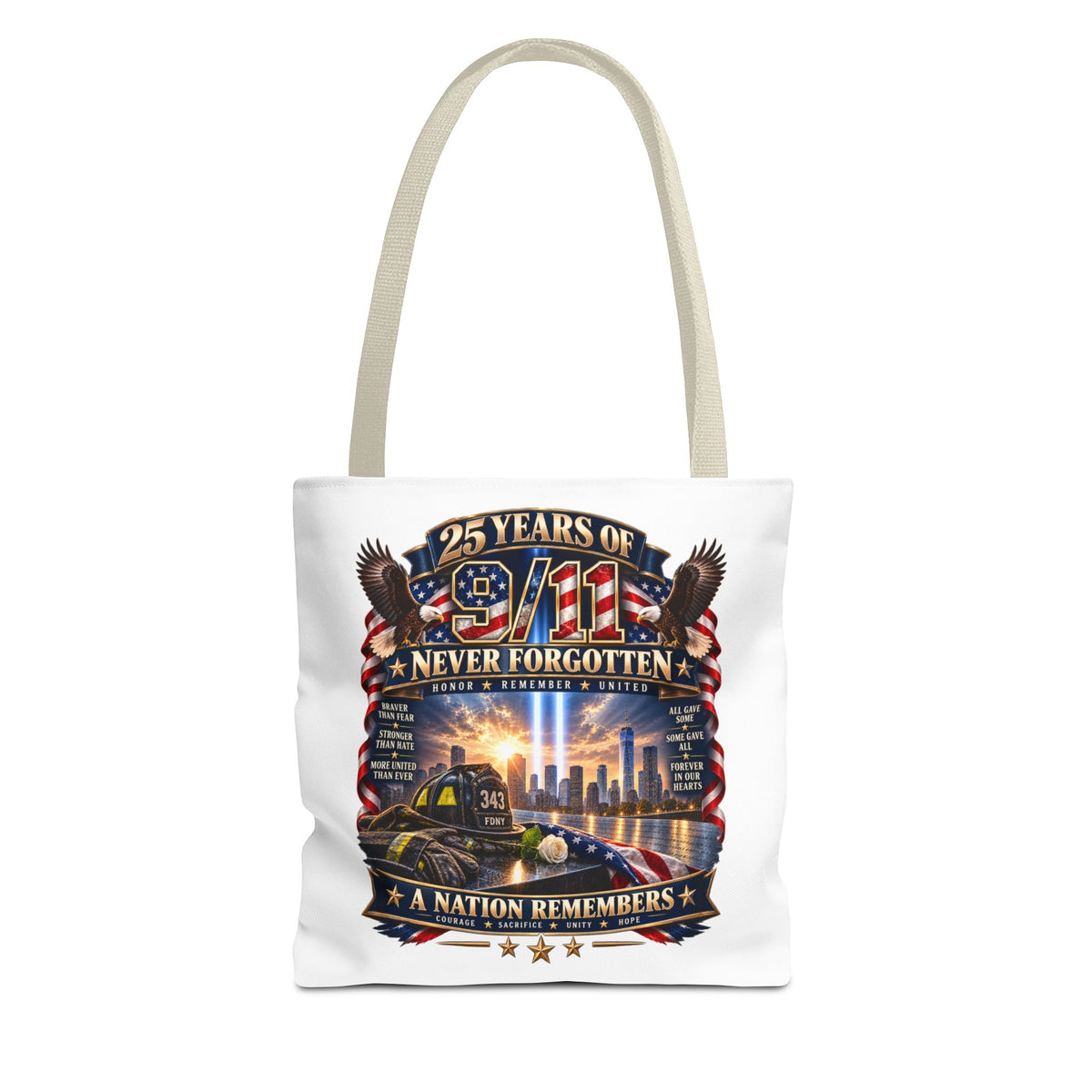 25 Years of 9/11 Never Forgotten Tote Bag – Memorial Tribute AOP