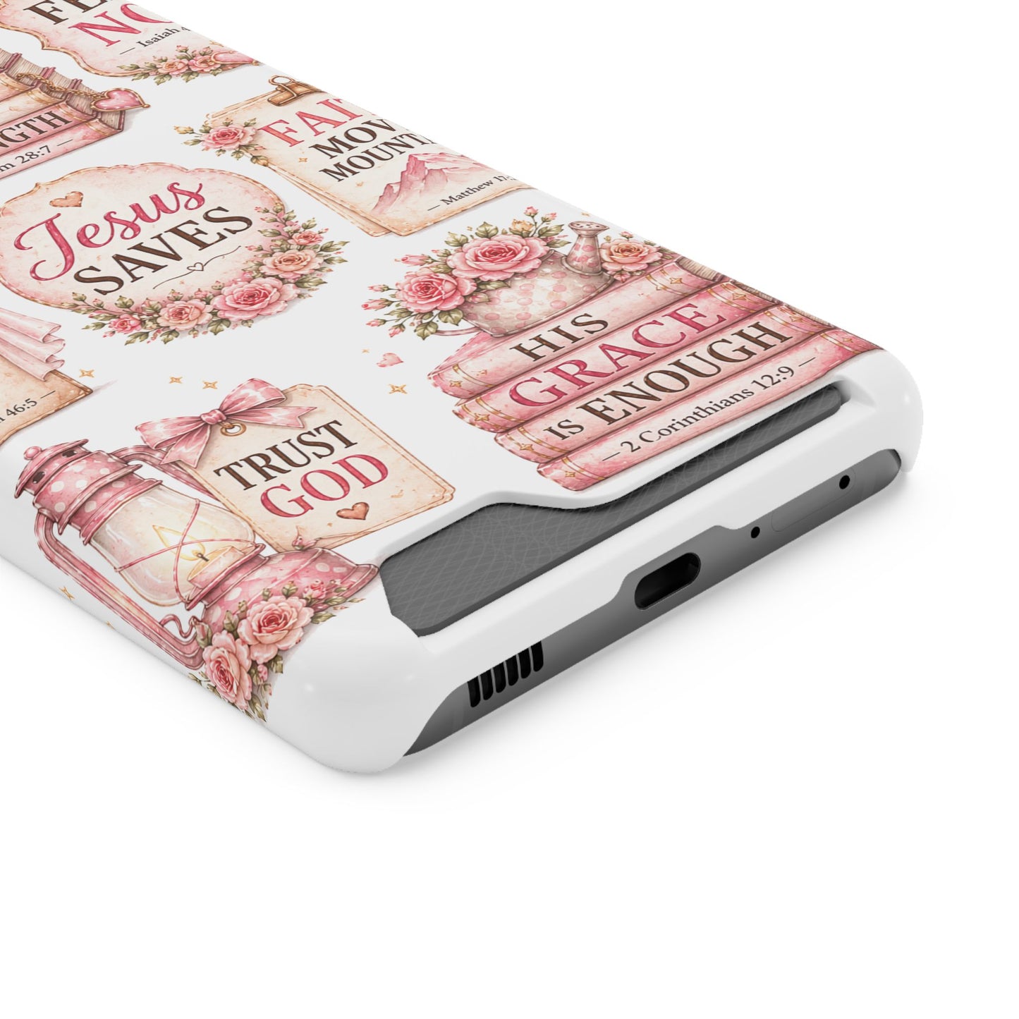 Christian Phone Case with Card Holder — 'Jesus Saves' Floral Scripture Design