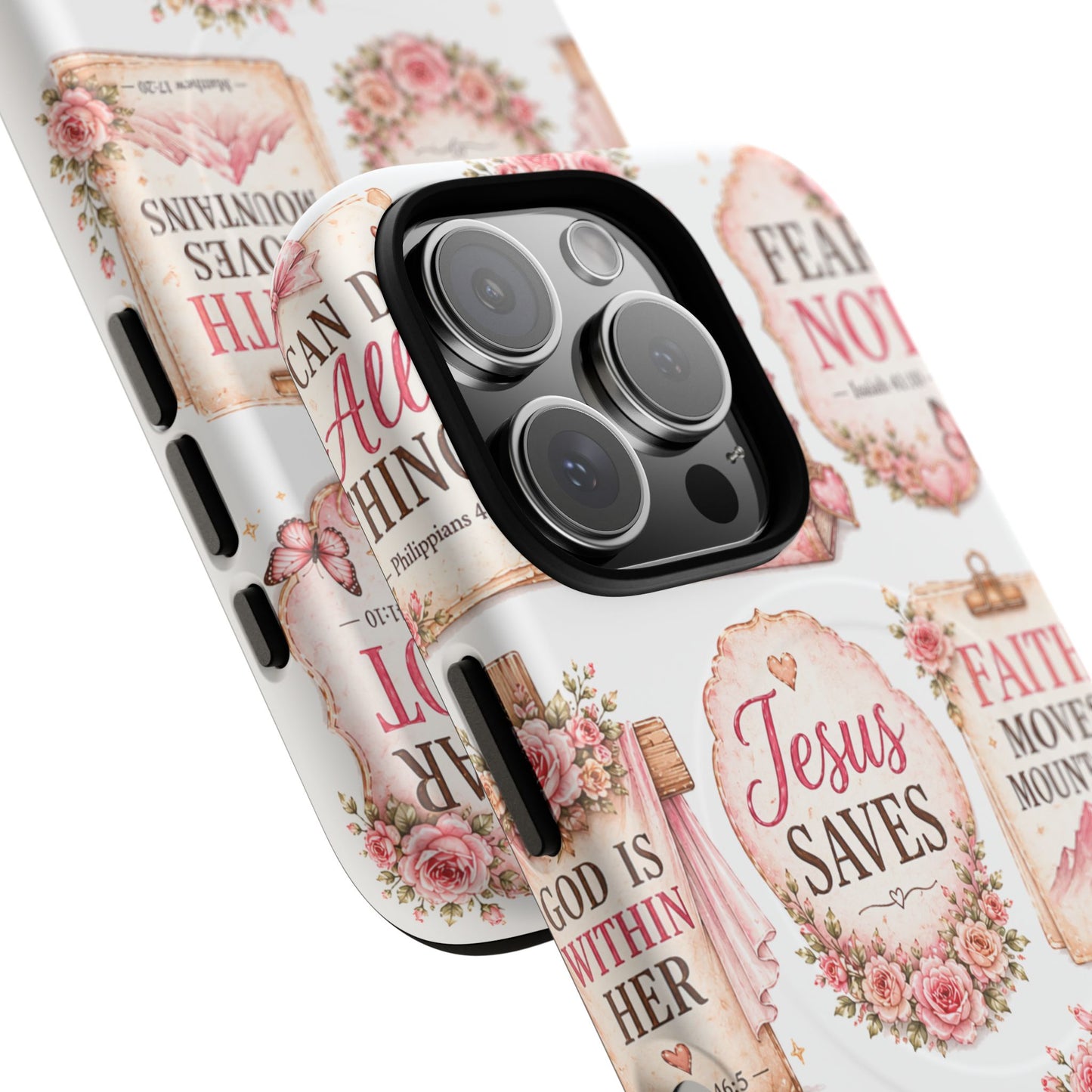 Christian Faith iPhone Tough Magnetic Case — 'Jesus Saves' Floral Scripture Design (Fear Not, Faith Moves Mountains)