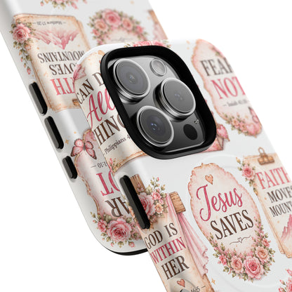 Christian Faith iPhone Tough Magnetic Case — 'Jesus Saves' Floral Scripture Design (Fear Not, Faith Moves Mountains)