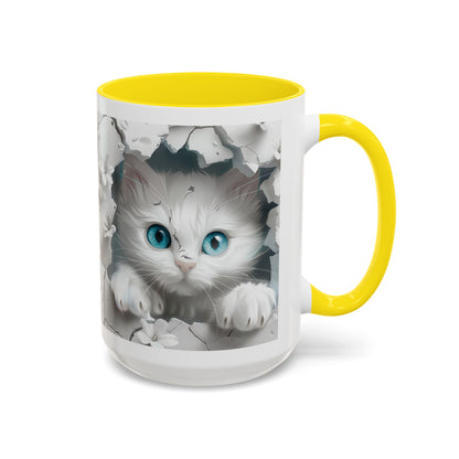 Cute Blue-Eyed Kitten Accent Coffee Mug – Floral Peekaboo Cat Design (11/15 oz)