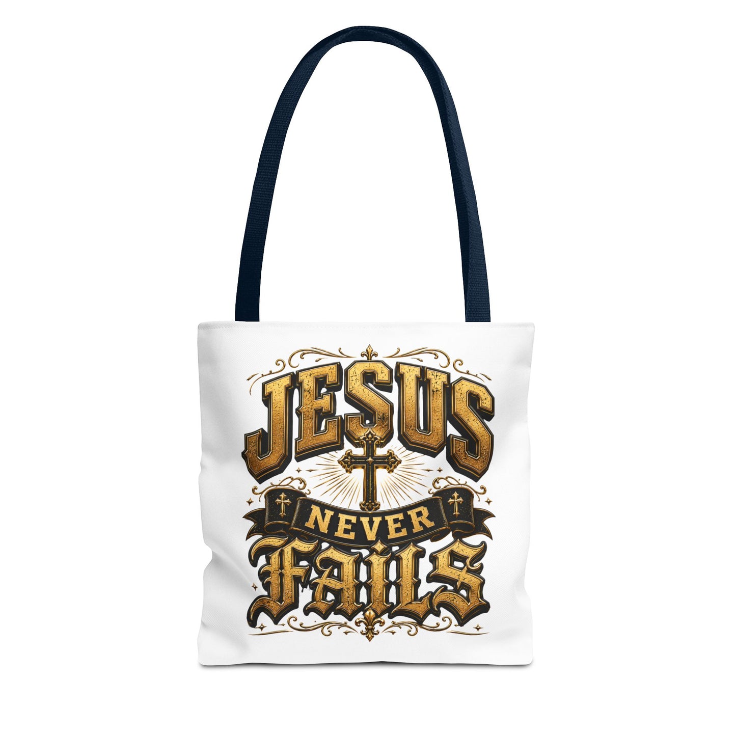 Jesus Never Fails Tote Bag — Christian Faith AOP Canvas Tote