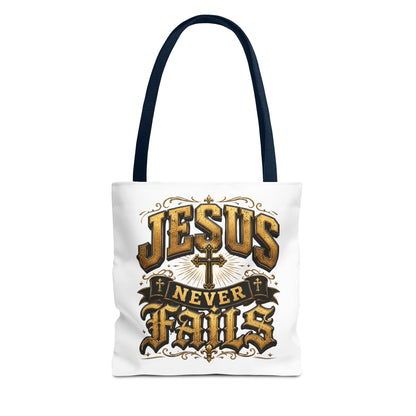 Jesus Never Fails Tote Bag — Christian Faith AOP Canvas Tote