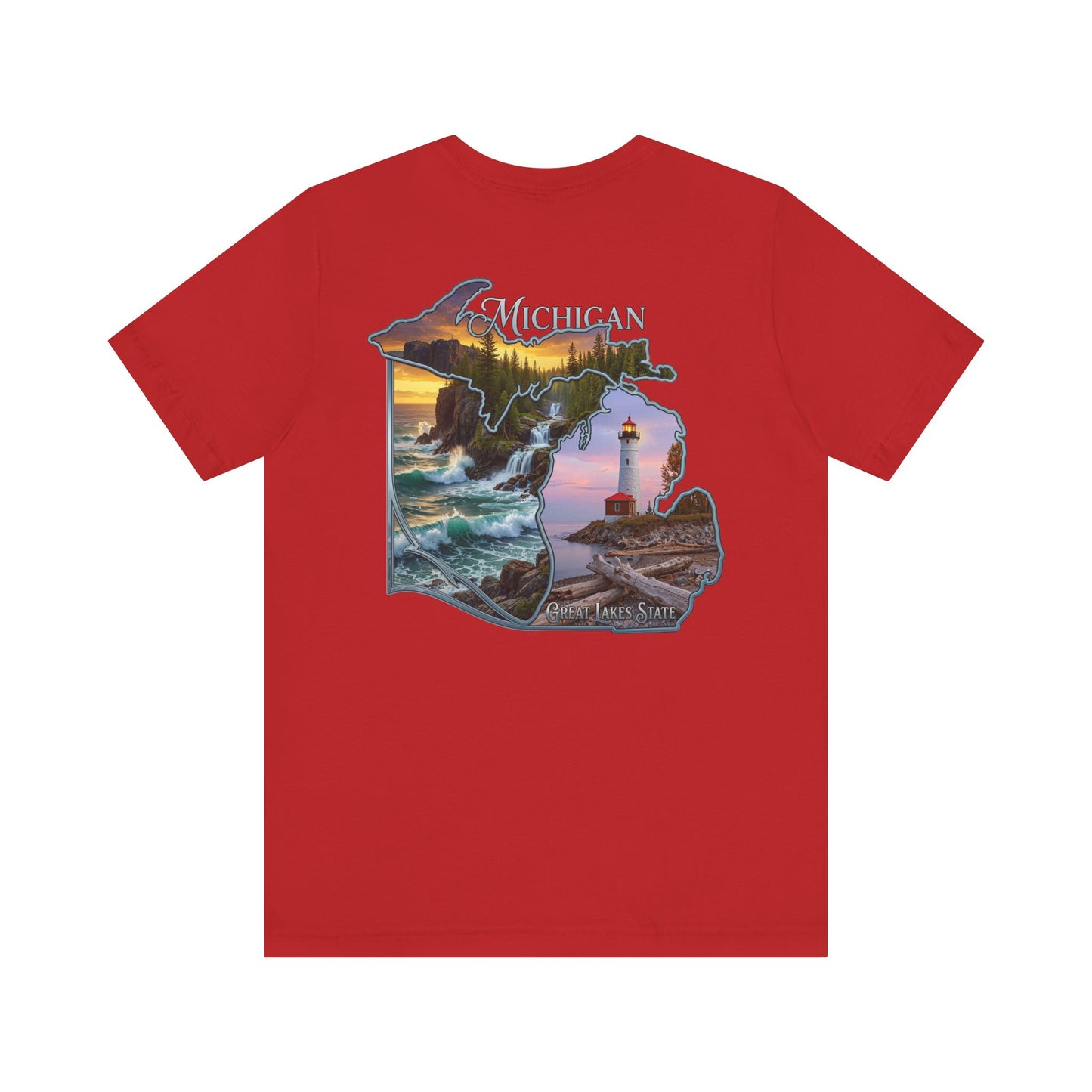 Michigan Scenic Map T-Shirt — Great Lakes Lighthouse Sunset Tee
