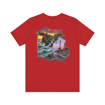Michigan Scenic Map T-Shirt — Great Lakes Lighthouse Sunset Tee