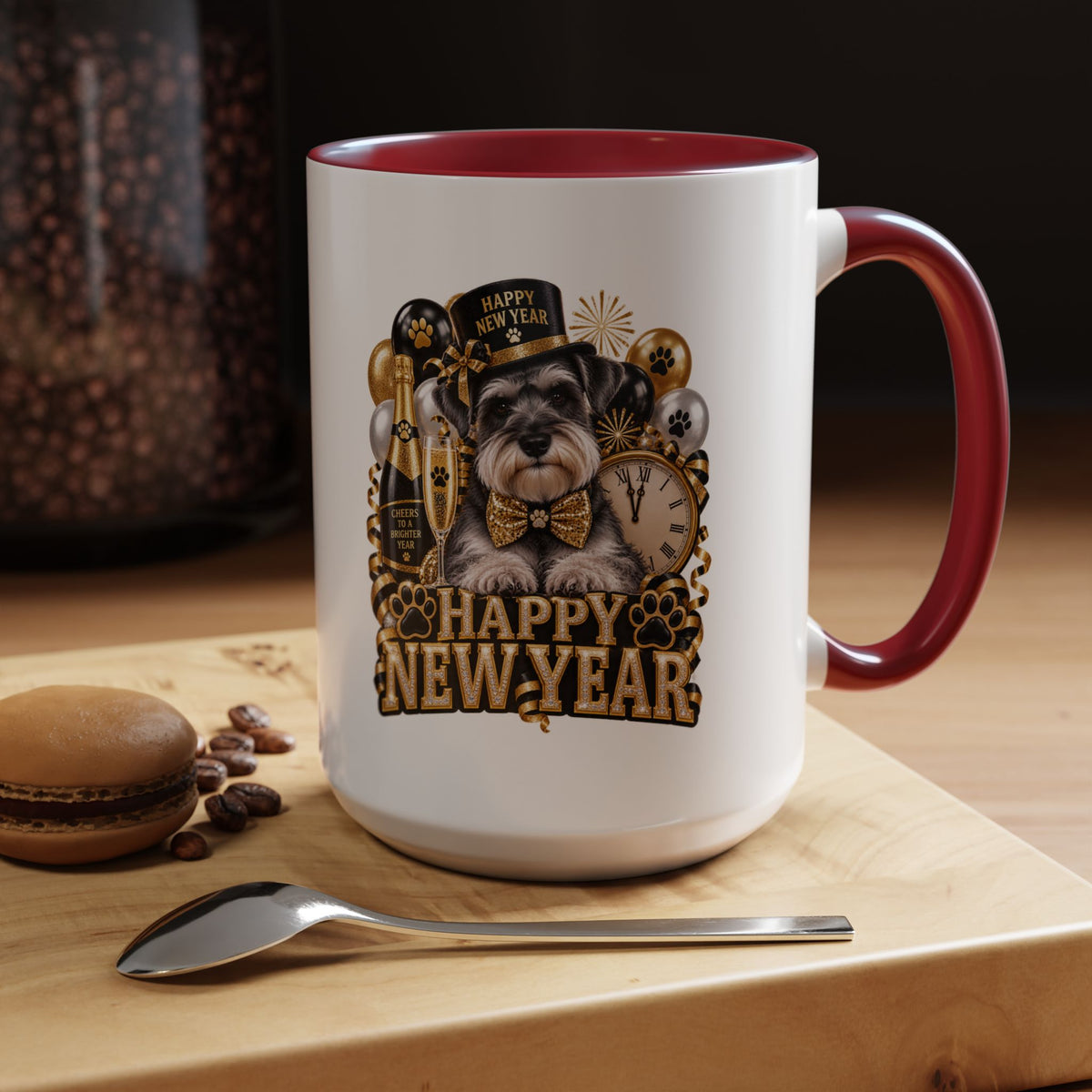 Happy New Year Dog Coffee Mug — Festive Black & Gold 11/15oz Accent Mug