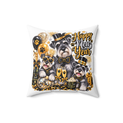 Happy New Year Schnauzer Pillow — Festive Gold Party Decorative Throw Pillow