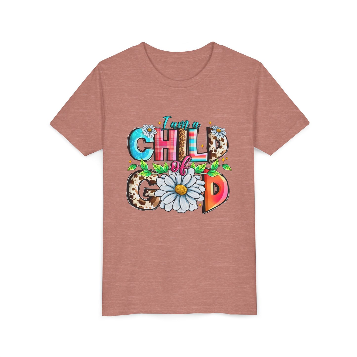 Youth Tee — "I Am a Child of God" Floral Christian Graphic