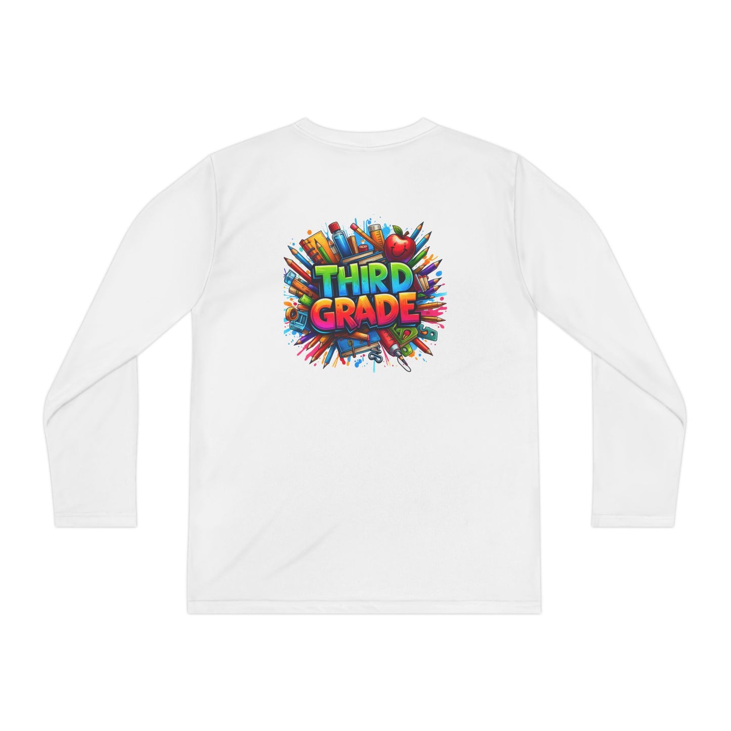 Third Grade Youth Long Sleeve Tee — Colorful School Supplies Design