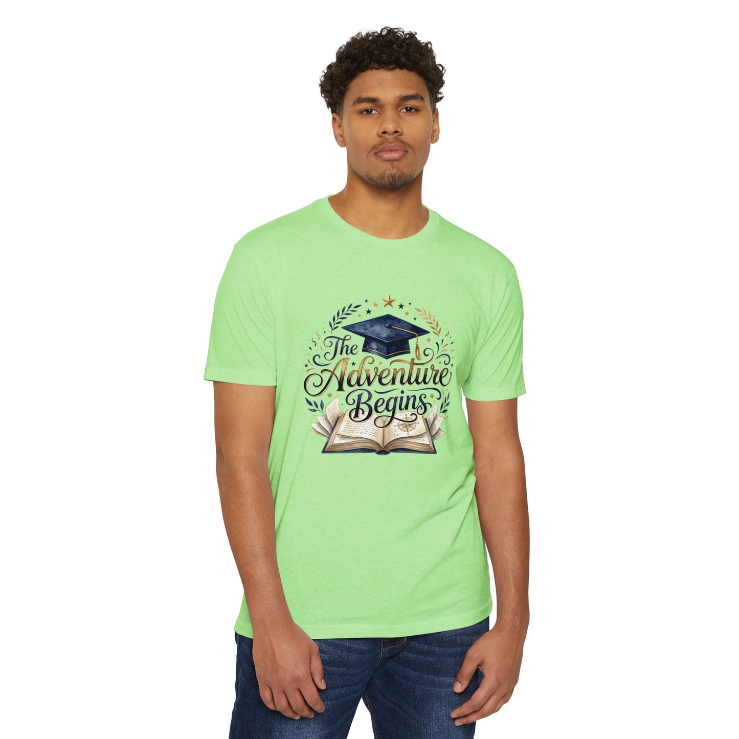 Graduation T-Shirt — "The Adventure Begins" Cap & Book Design