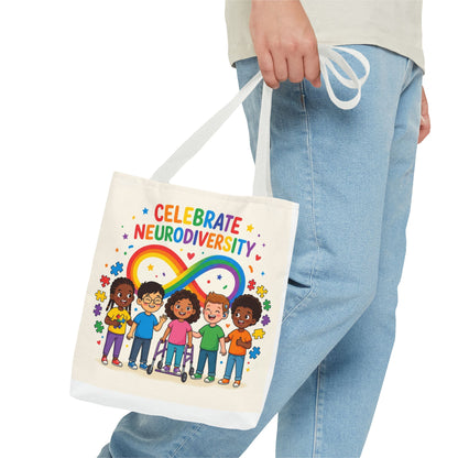 Celebrate Neurodiversity Tote Bag — Rainbow Infinity Symbol with Diverse Kids