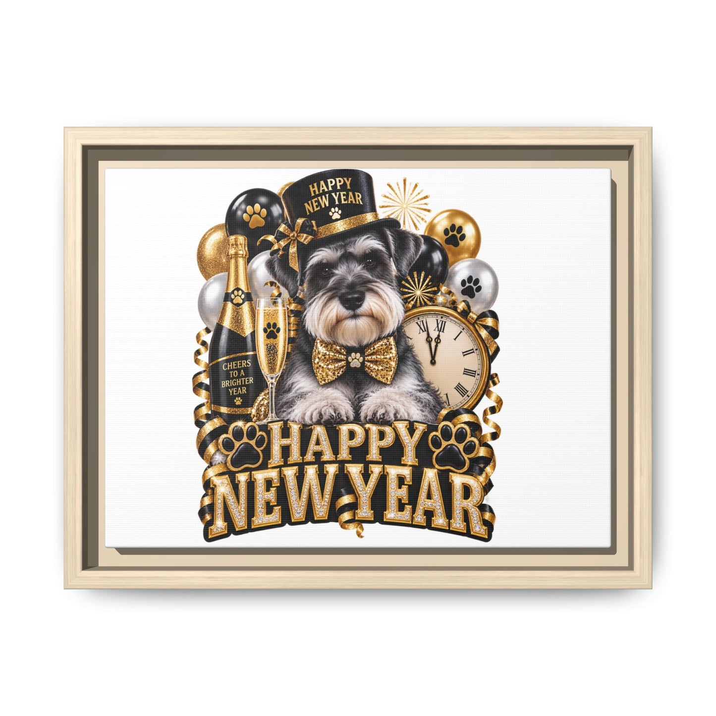 Happy New Year Schnauzer Matte Canvas Framed Art