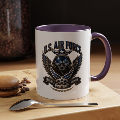U.S. Air Force Emblem Accent Coffee Mug — Defend Protect Dominate (11/15oz)