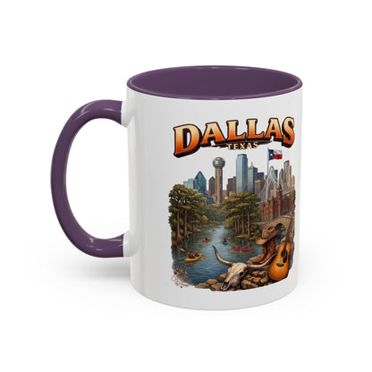 Dallas Skyline Accent Coffee Mug — Texas Souvenir Mug with Guitar & Cityscape