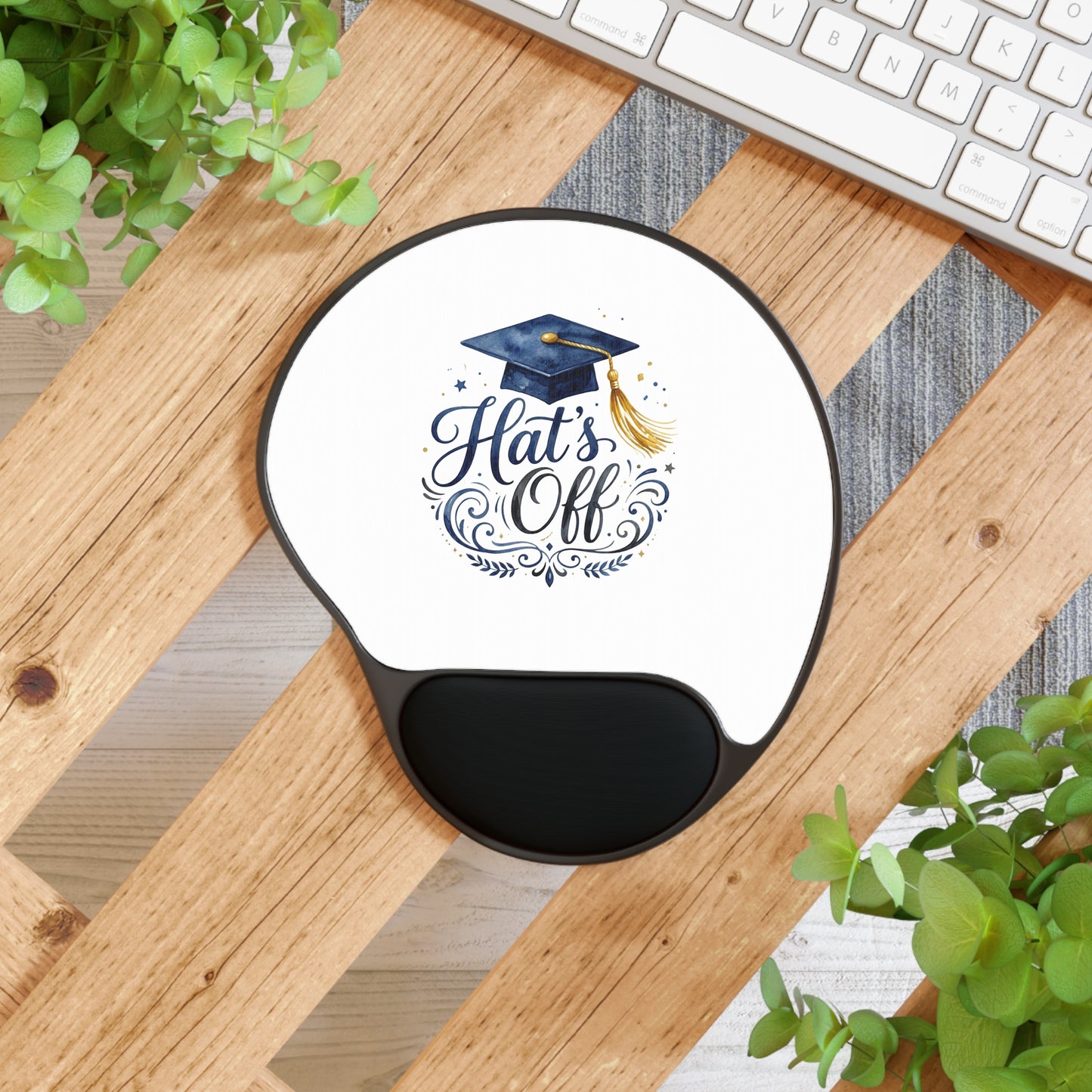 Graduation 'Hats Off' Mouse Pad with Wrist Rest — Comfortable Desk Gift for Grads