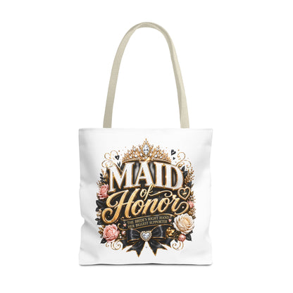 Maid of Honor Tote Bag — Elegant Bridal Party Gift with Gold Crown Floral Design
