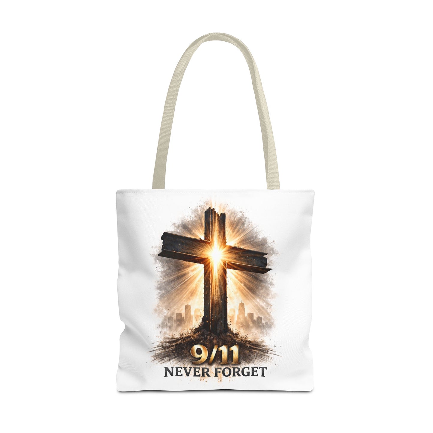 9/11 Never Forget Cross Memorial Tote Bag — Patriotic Remembrance Shopper