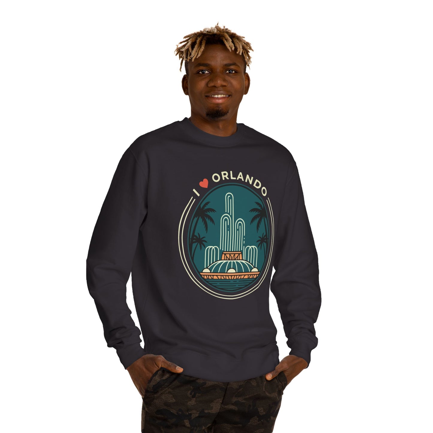 Orlando Fountain Crewneck Sweatshirt — Retro Palm Tree Cityscape