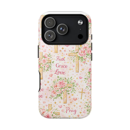 Christian Floral Cross Phone Case — "Faith Grace Love" Tough Magnetic Case
