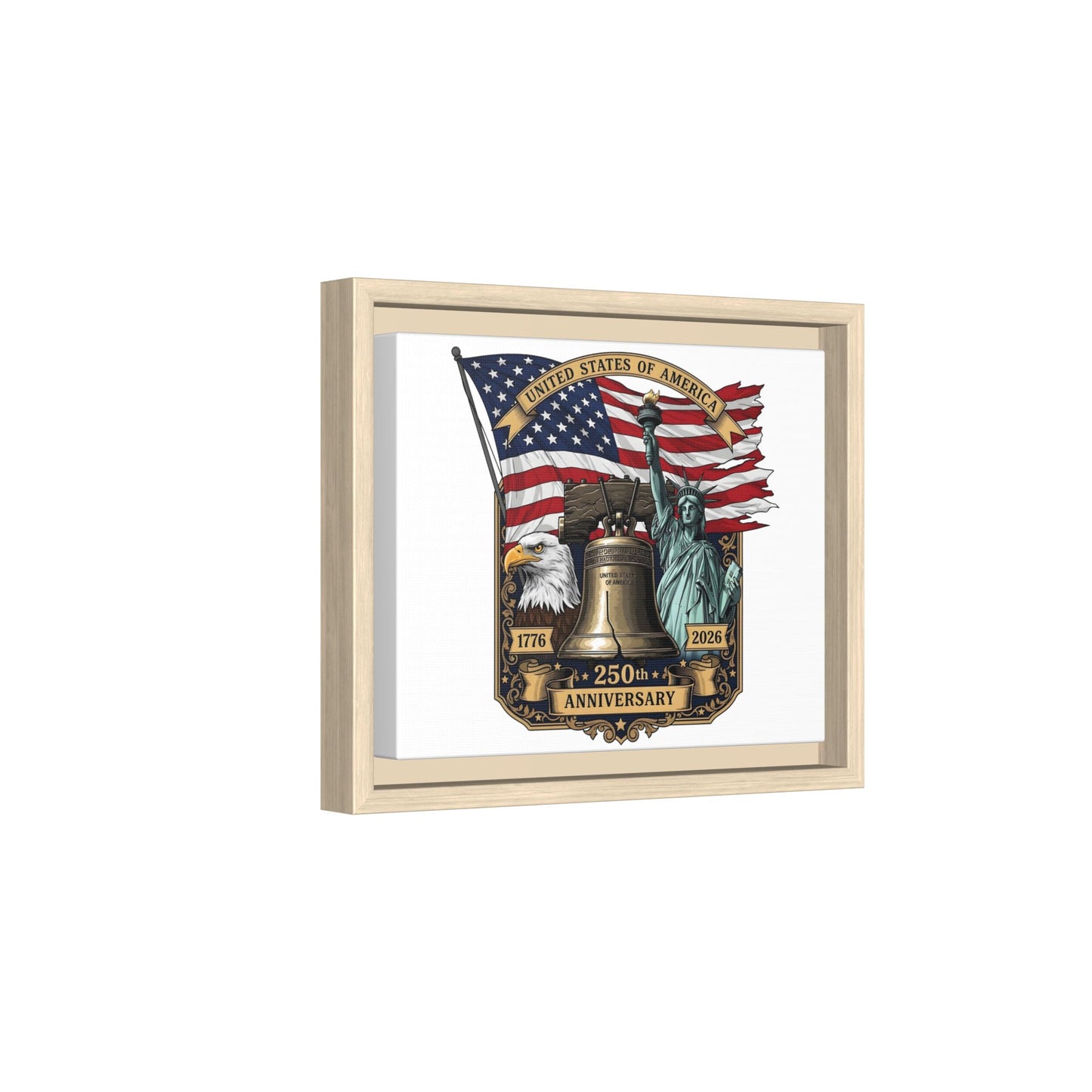 Liberty 250th Anniversary Framed Canvas Print — American Flag, Statue of Liberty & Liberty Bell Art