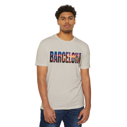 Barcelona Cityscape T‑Shirt — Scenic Sunset Lettering Travel Tee