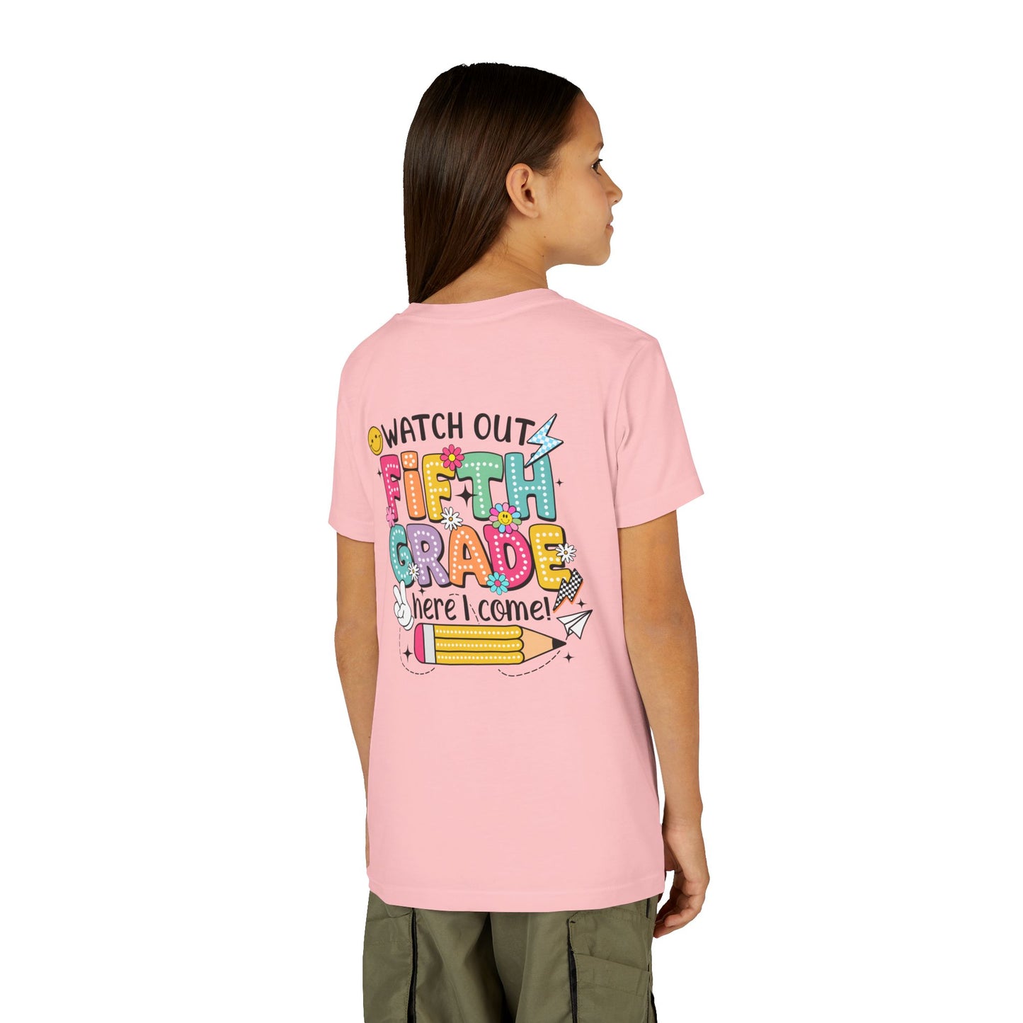 Fifth Grade Here I Come Youth Tee — Colorful Back-to-School Kids Shirt