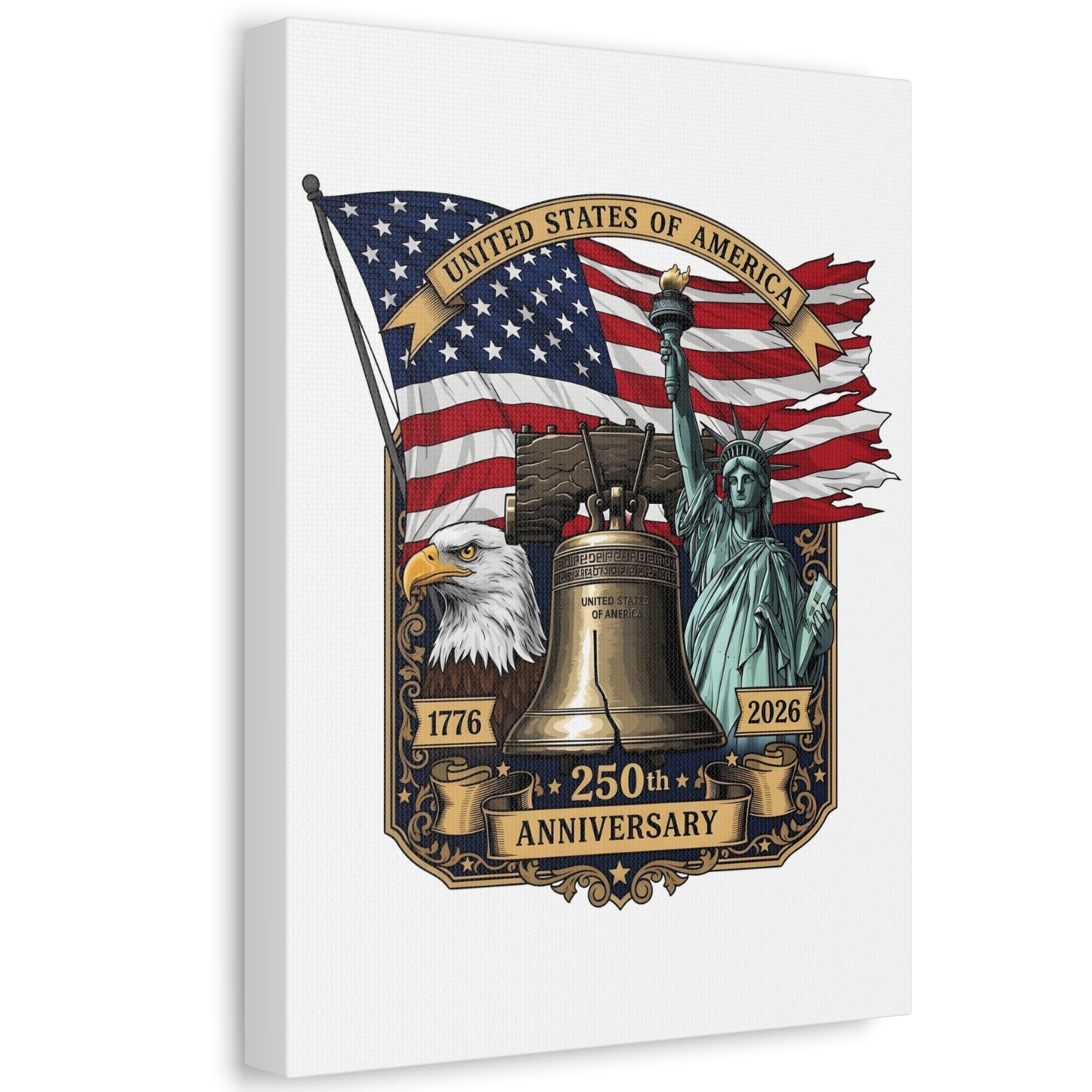 250th Anniversary USA Canvas Wall Art – Liberty Bell, Eagle & Flag Stretched Canvas