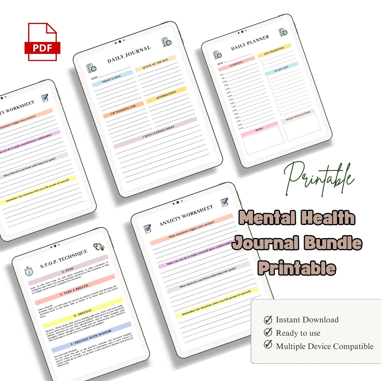 Mental Health Journal Bundle Printable | Self Care & Wellness Planner | Therapy Journal | Mindfulness & Mood Tracker