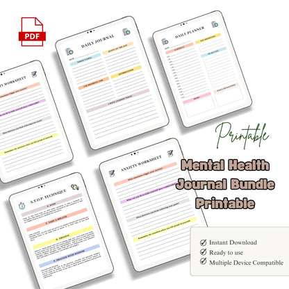 Mental Health Journal Bundle Printable | Self Care & Wellness Planner | Therapy Journal | Mindfulness & Mood Tracker