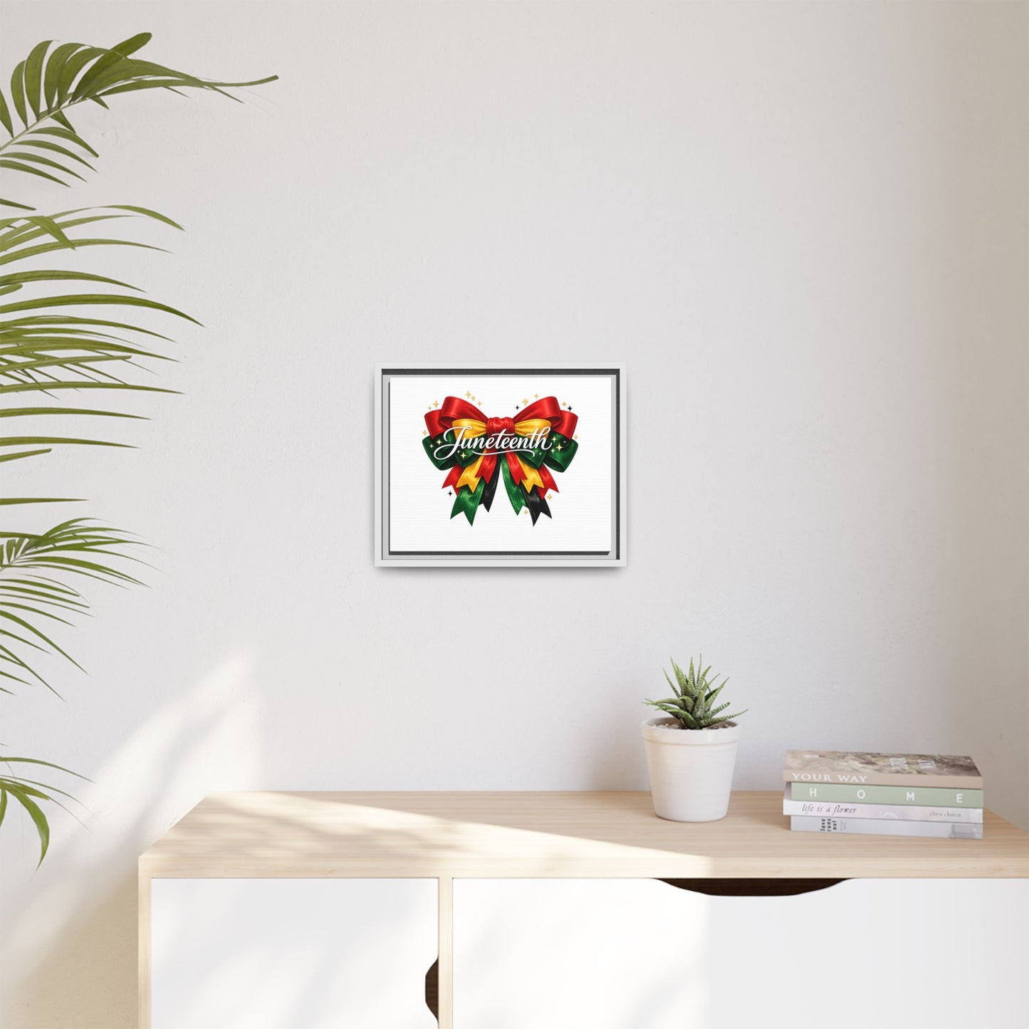 Juneteenth Framed Canvas Print – Festive Red, Green & Gold Ribbon Wall Art