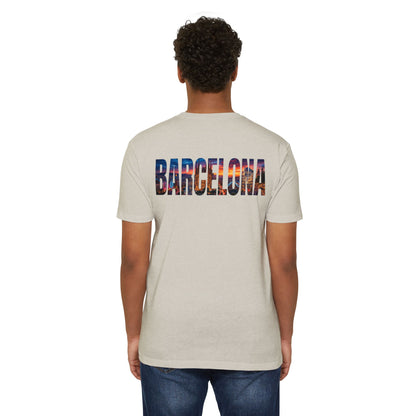 Barcelona Cityscape T‑Shirt — Scenic Sunset Lettering Travel Tee