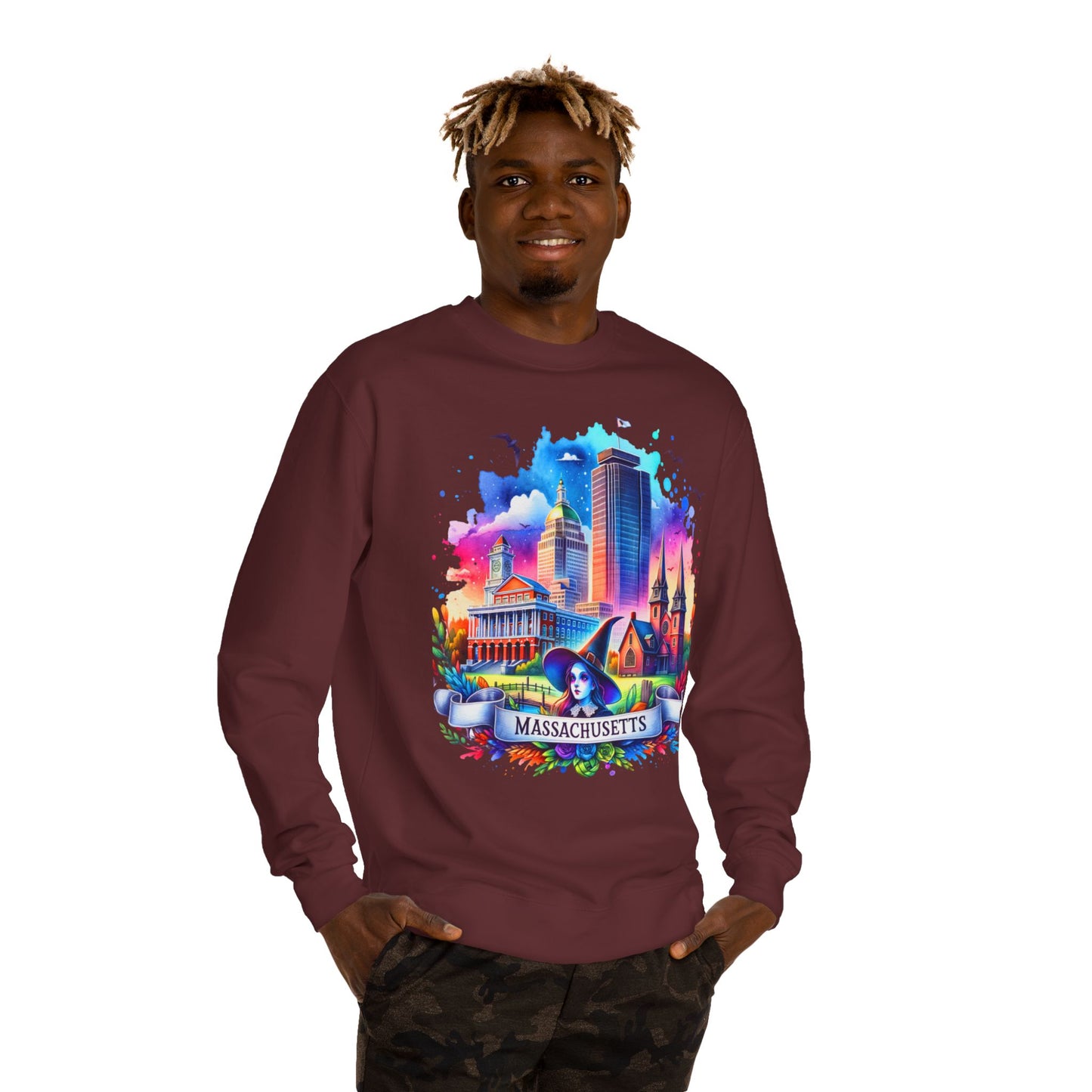 Massachusetts Skyline Crewneck Sweatshirt — Colorful Boston Landmark Graphic