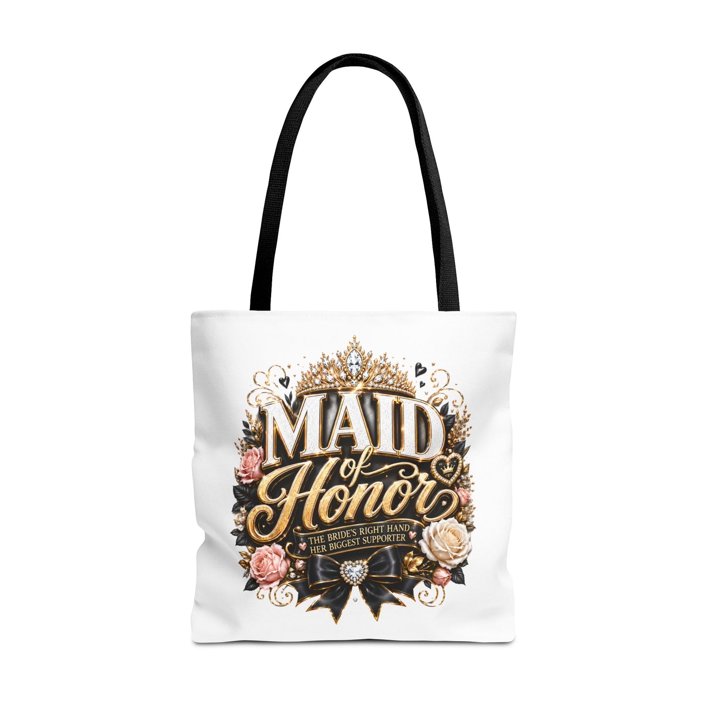 Maid of Honor Tote Bag — Elegant Bridal Party Gift with Gold Crown Floral Design