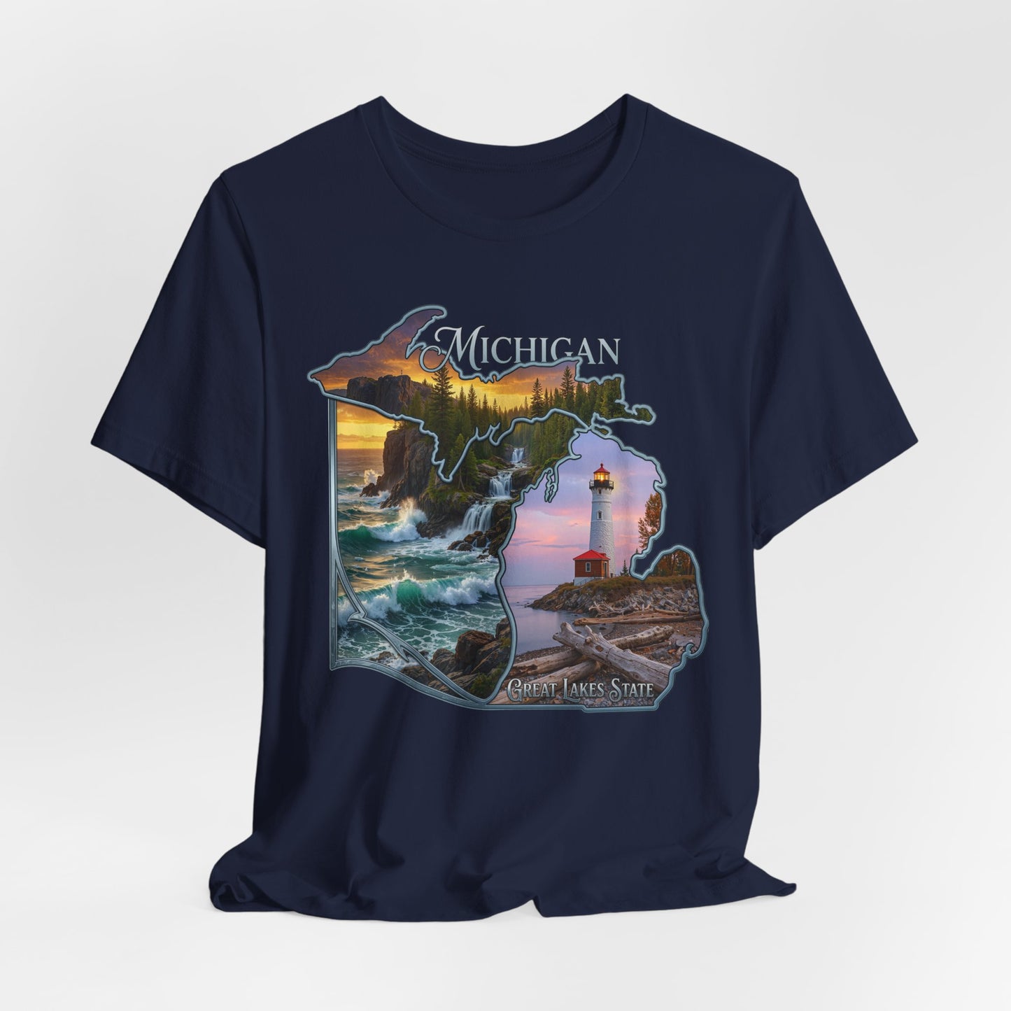 Michigan Scenic Map T-Shirt — Great Lakes Lighthouse Sunset Tee