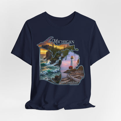 Michigan Scenic Map T-Shirt — Great Lakes Lighthouse Sunset Tee
