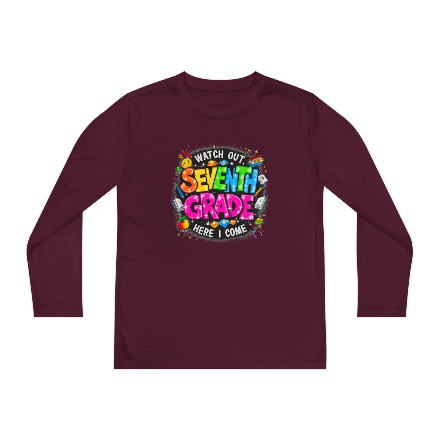 Seventh Grade Youth Long Sleeve Tee — "Watch Out Seventh Grade Here I Come" Back-to-School Shirt