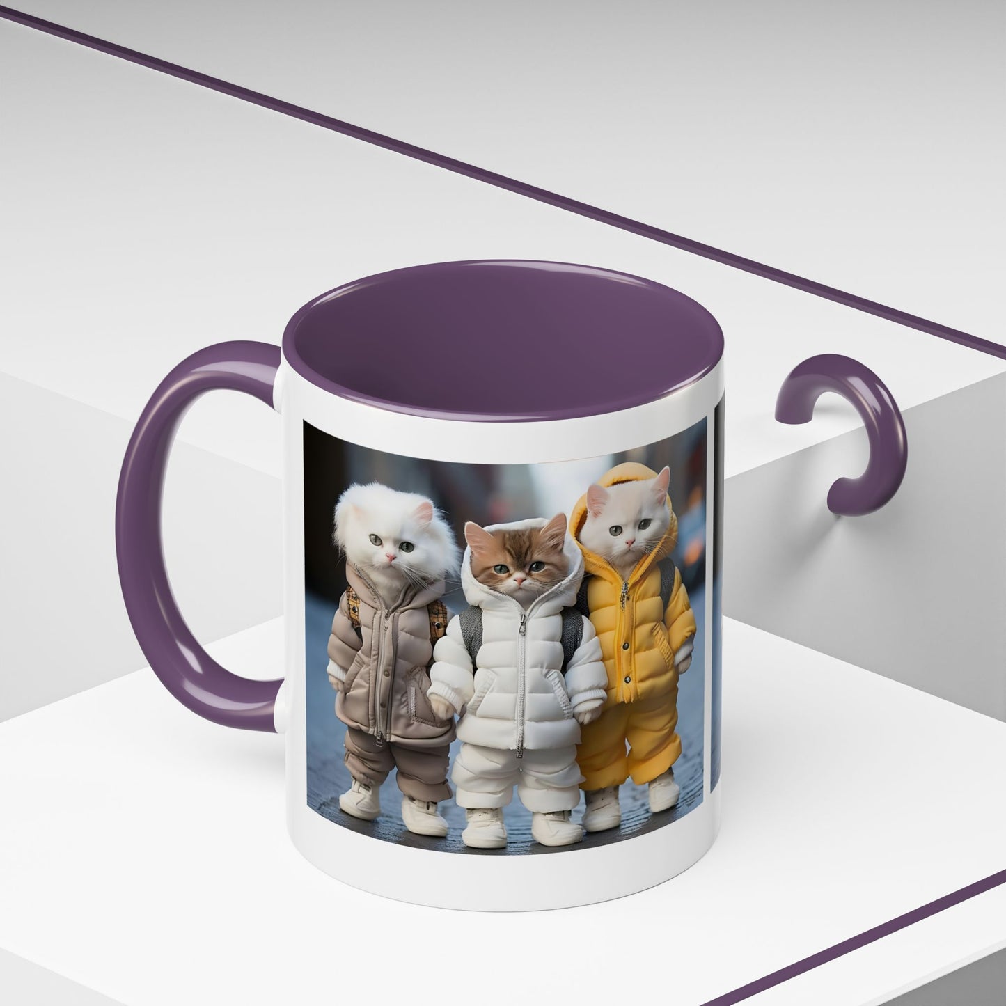 Cat Crew Accent Coffee Mug — Cute Kittens in Puffer Jackets (11/15oz)