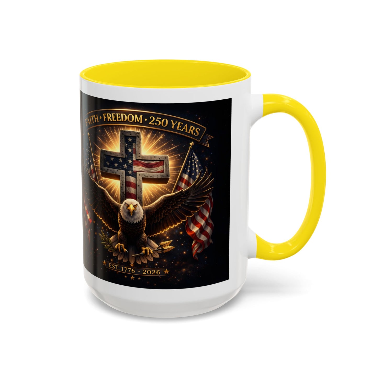 Patriotic Faith & Freedom Accent Coffee Mug — Eagle, Cross & American Flag (1776–2026)